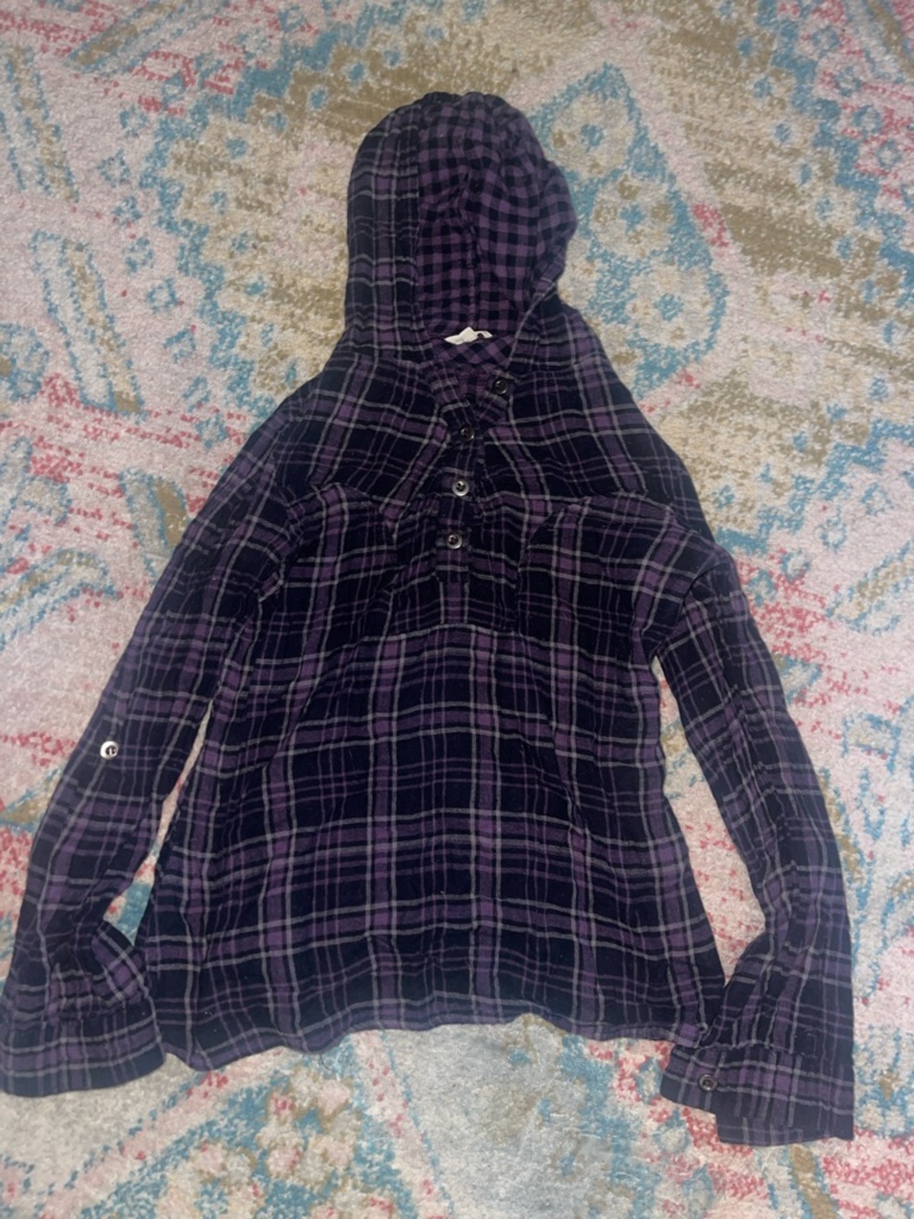 Maurices Purple Plaid Hooded V-Neck Sweater